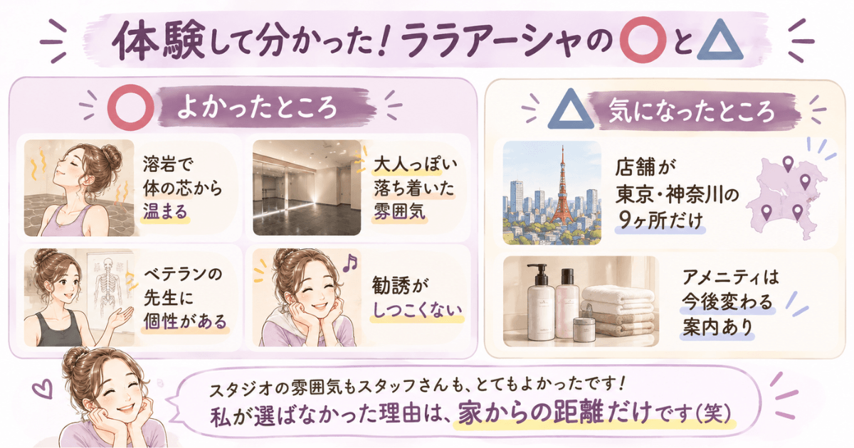 ララアーシャの良かったところ、気になったところ。体験者が語る。