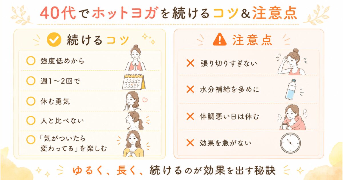 40代でホットヨガを続けるコツ5つと注意点4つのまとめ画像