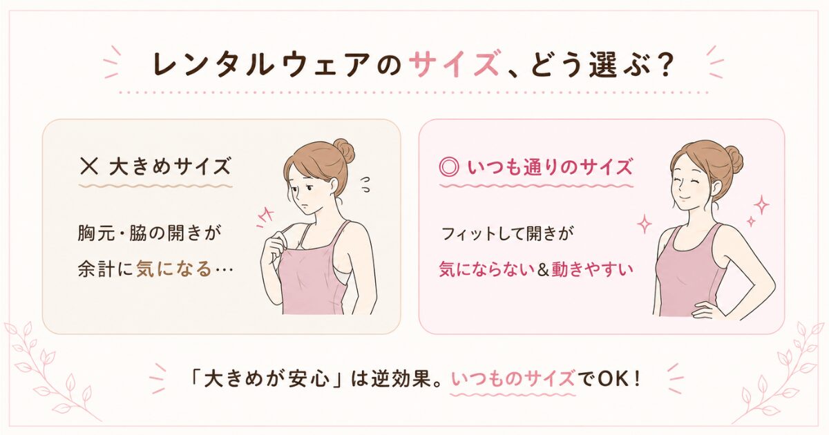 ホットヨガレンタルウェアのサイズ選び対比図(✕大きめ/◎いつも通り)