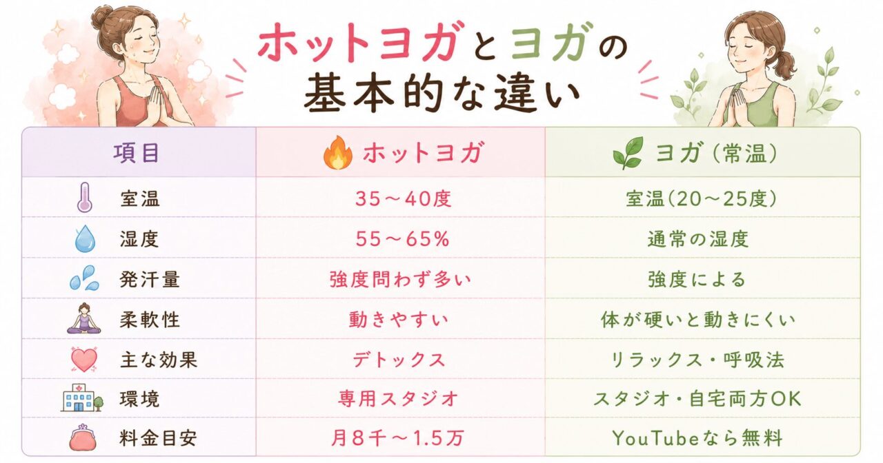 ホットヨガとヨガ(常温ヨガ)の基本的な違いを比較した表