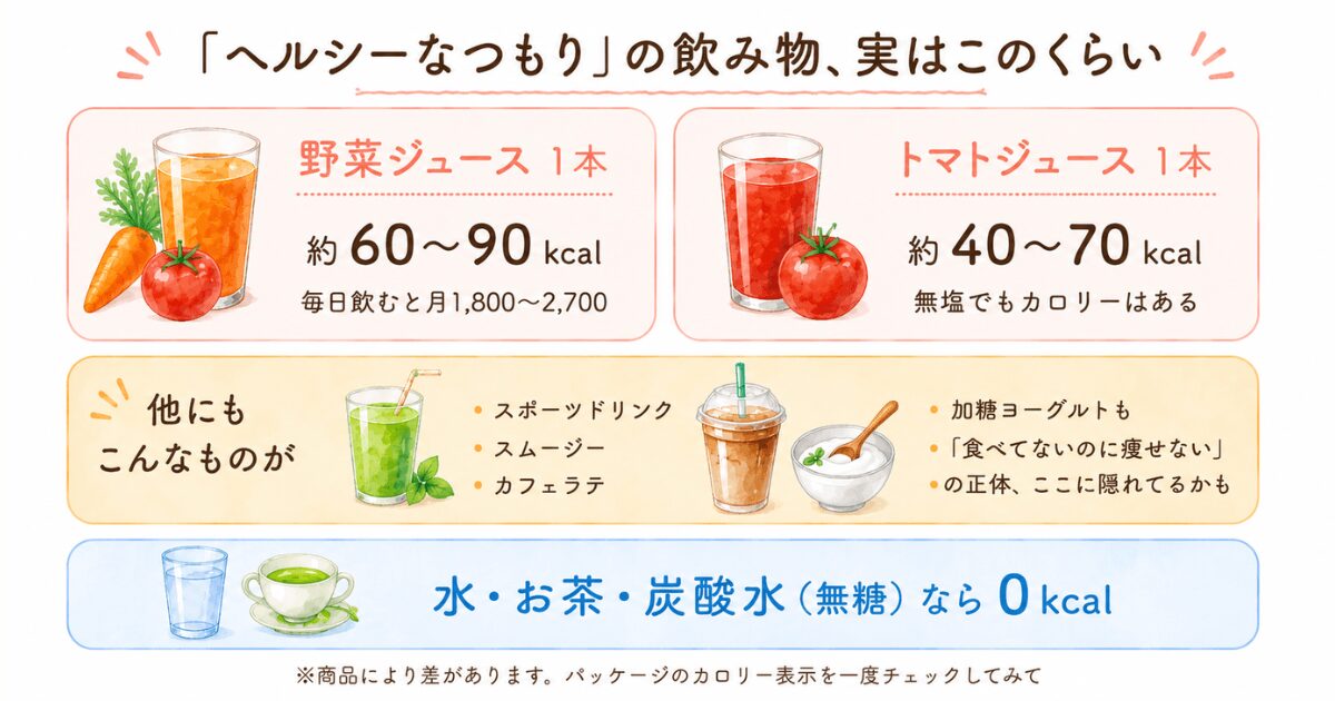 ホットヨガで痩せない人の原因。飲み物。飲み物カロリー比較図(野菜ジュース・トマトジュース・スムージーなど)